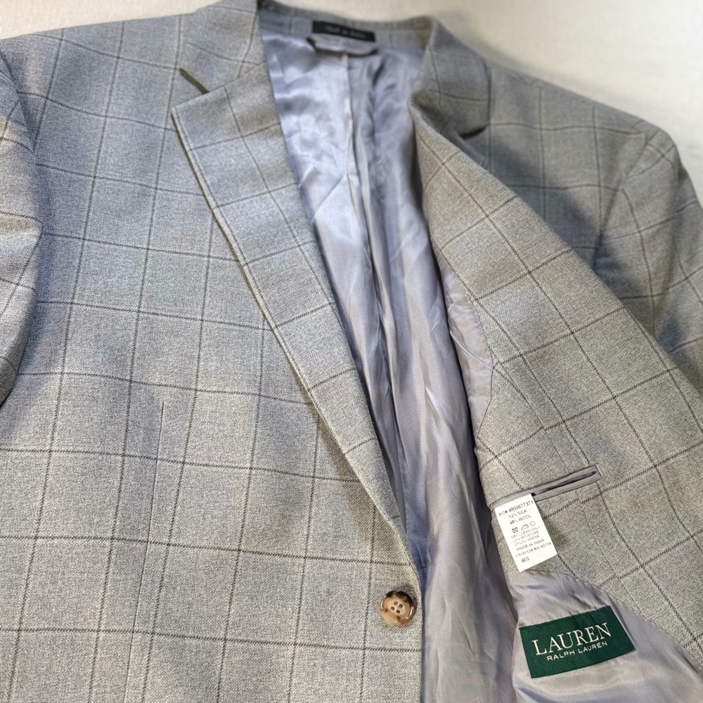 Lauren Ralph Lauren Mens 46S Grey Windowpane Plaid Silk Wool Blazer Sport Coat